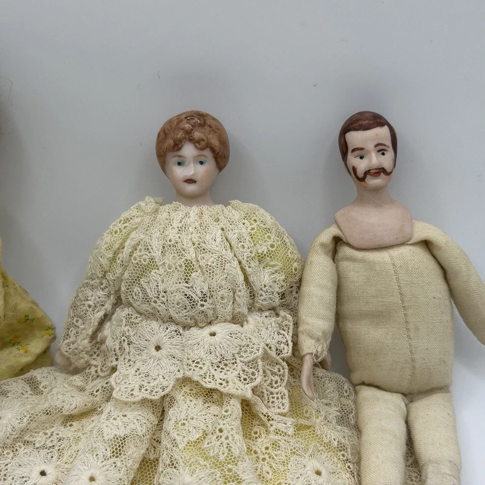 3‎ Miniature Porcelain Bisque & Fabric Dollhouse Dolls 5.75